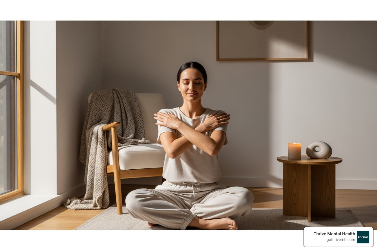 person performing the butterfly hug technique, looking calm -  bilateral stimulation techniques for anxiety