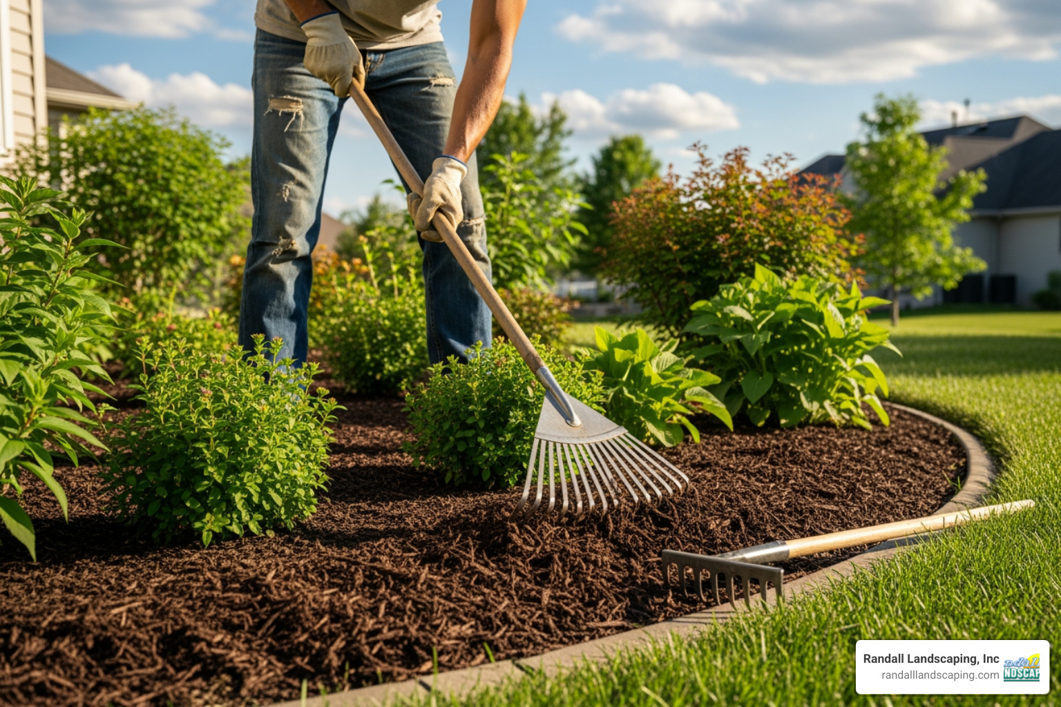 person spreading mulch around plants with a rake - garden bed mulching