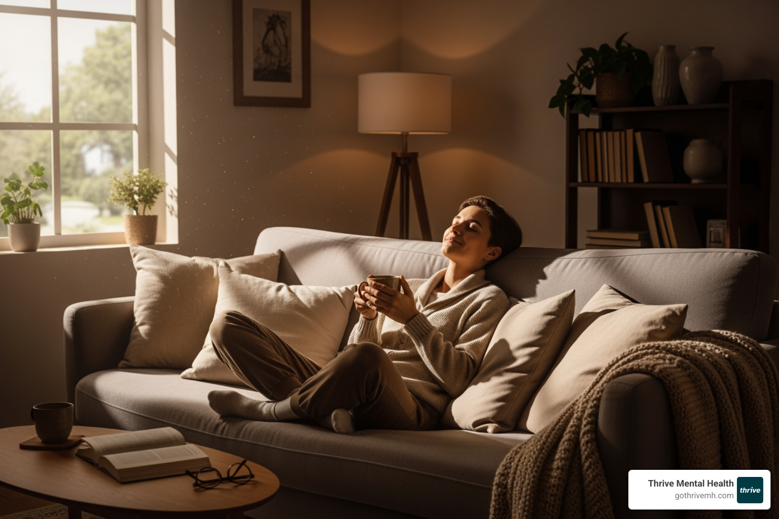 Person resting peacefully on a couch with a cup of tea in a sunlit, comfortable room - 5 Signs You're Experiencing Bilateral Stimulation Fatigue Person resting peacefully on a couch with a cup of tea in a sunlit, comfortable room - 5 Signs You're Experiencing Bilateral Stimulation Fatigue
