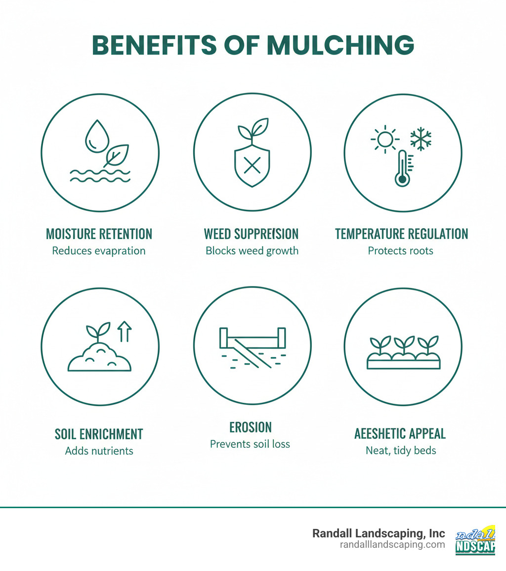 infographic showing the key benefits of mulching including moisture retention, weed suppression, temperature regulation, soil enrichment, erosion prevention, and aesthetic appeal with icons and brief descriptions for each benefit - garden bed mulching infographic 