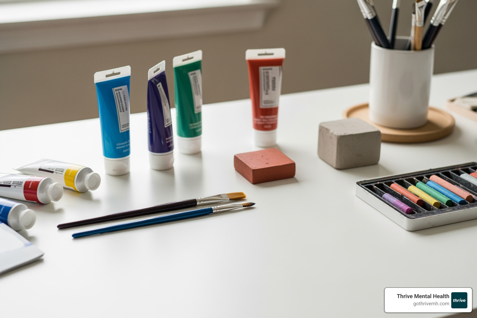 Art therapy for trauma recovery - table with paint, clay, and pastels. - art therapy for trauma recovery