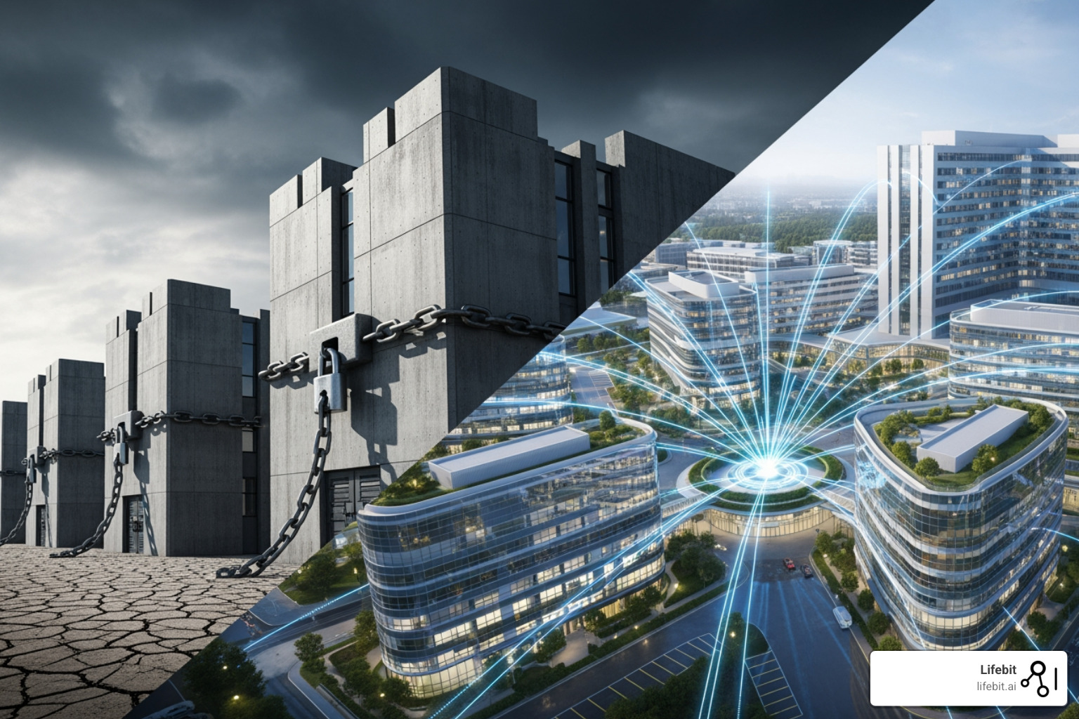 siloed data centers with locks, contrasted with a connected network of hospitals - Federated Learning Meets Precision Medicine: How Collaboration Is Powering Personalized Care siloed data centers with locks, contrasted with a connected network of hospitals - Federated Learning Meets Precision Medicine: How Collaboration Is Powering Personalized Care