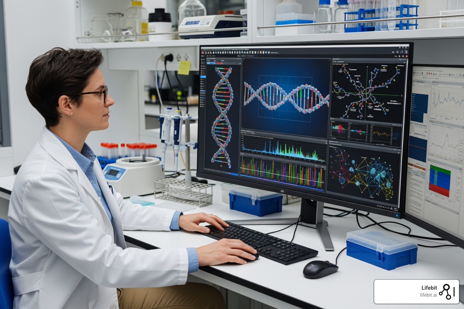 researcher analyzing complex genomic data on a screen - Federated Learning Meets Precision Medicine: How Collaboration Is Powering Personalized Care researcher analyzing complex genomic data on a screen - Federated Learning Meets Precision Medicine: How Collaboration Is Powering Personalized Care