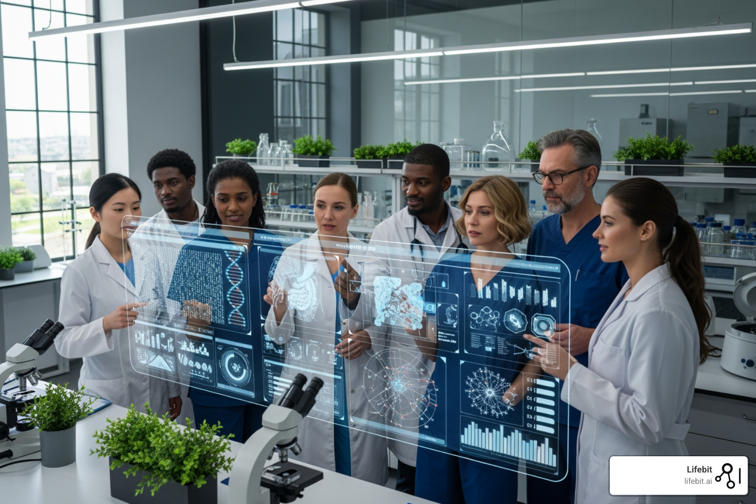 A diverse group of doctors and researchers collaborating via a digital network - Federated Learning Meets Precision Medicine: How Collaboration Is Powering Personalized Care A diverse group of doctors and researchers collaborating via a digital network - Federated Learning Meets Precision Medicine: How Collaboration Is Powering Personalized Care