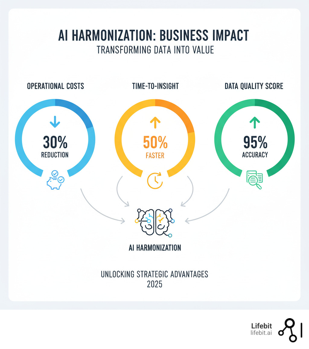 dashboard showing improved business KPIs like reduced operational costs, faster time-to-insight, and higher data quality scores after implementing AI harmonization - ai for data harmonization infographic dashboard showing improved business KPIs like reduced operational costs, faster time-to-insight, and higher data quality scores after implementing AI harmonization - ai for data harmonization infographic