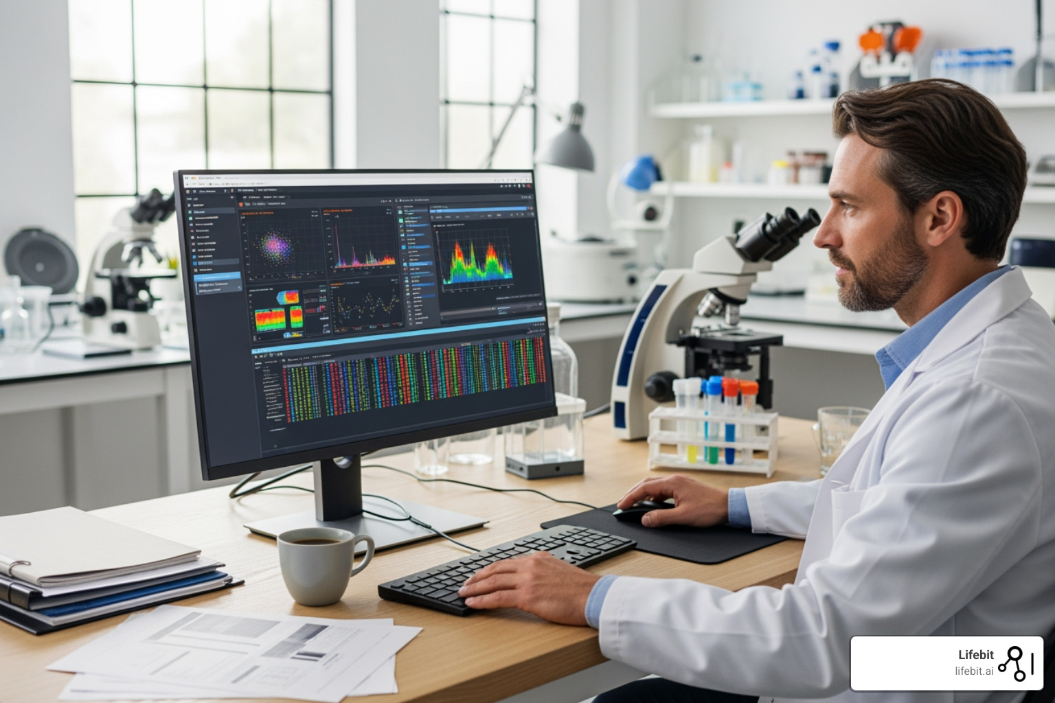 of a scientist at a computer displaying genomic analysis workflows - ai for genomics