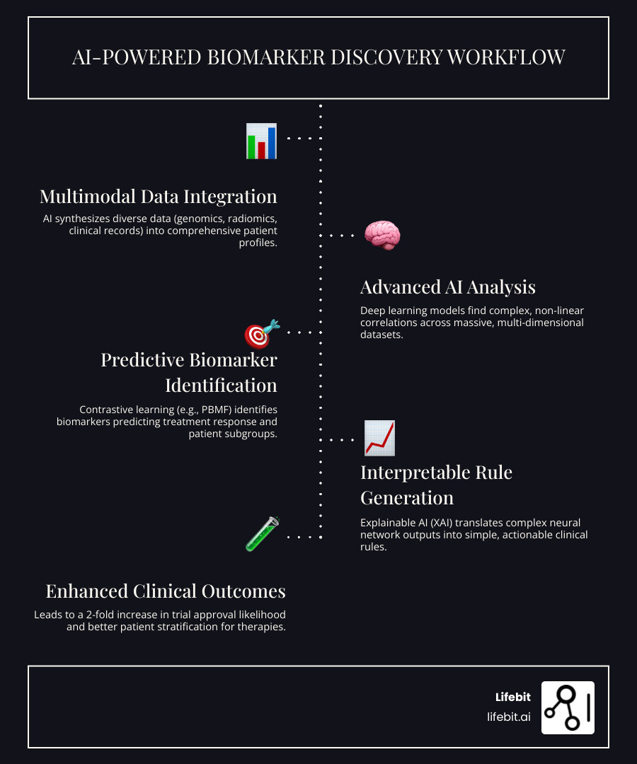 Detailed workflow comparison showing traditional biomarker discovery on left with linear steps (hypothesis generation, single-modality testing, statistical validation) versus AI-powered biomarker discovery on right with parallel processing streams (multi-omics data ingestion, neural network analysis, automated pattern recognition, interpretable model output) - ai-powered biomarker discovery infographic infographic-line-5-steps-dark Detailed workflow comparison showing traditional biomarker discovery on left with linear steps (hypothesis generation, single-modality testing, statistical validation) versus AI-powered biomarker discovery on right with parallel processing streams (multi-omics data ingestion, neural network analysis, automated pattern recognition, interpretable model output) - ai-powered biomarker discovery infographic infographic-line-5-steps-dark
