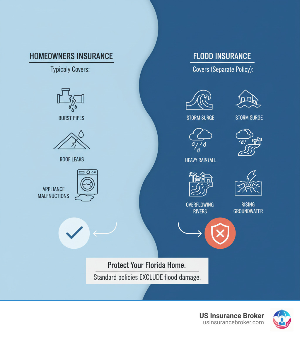 Infographic showing the difference between water damage covered by homeowners insurance (burst pipes, roof leaks, appliance malfunctions) versus flood damage not covered (storm surge, heavy rainfall, overflowing rivers, rising groundwater) - flood insurance Florida infographic Infographic showing the difference between water damage covered by homeowners insurance (burst pipes, roof leaks, appliance malfunctions) versus flood damage not covered (storm surge, heavy rainfall, overflowing rivers, rising groundwater) - flood insurance Florida infographic