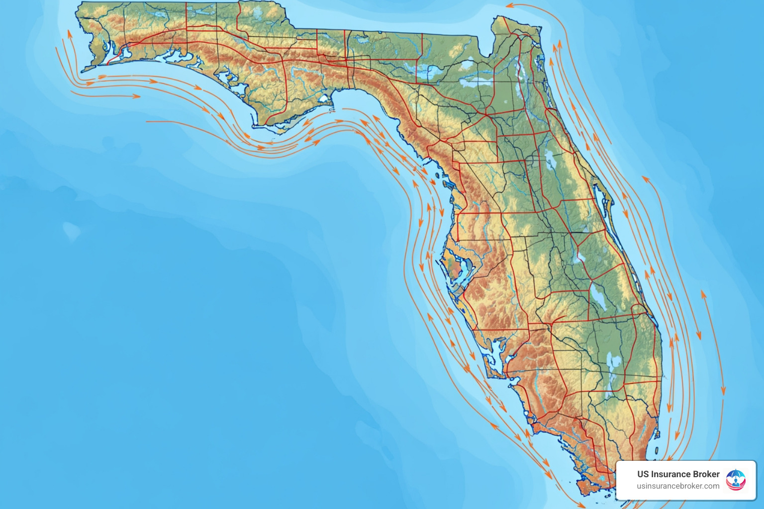 Florida coastal map showing low elevation areas and hurricane paths - flood insurance Florida Florida coastal map showing low elevation areas and hurricane paths - flood insurance Florida