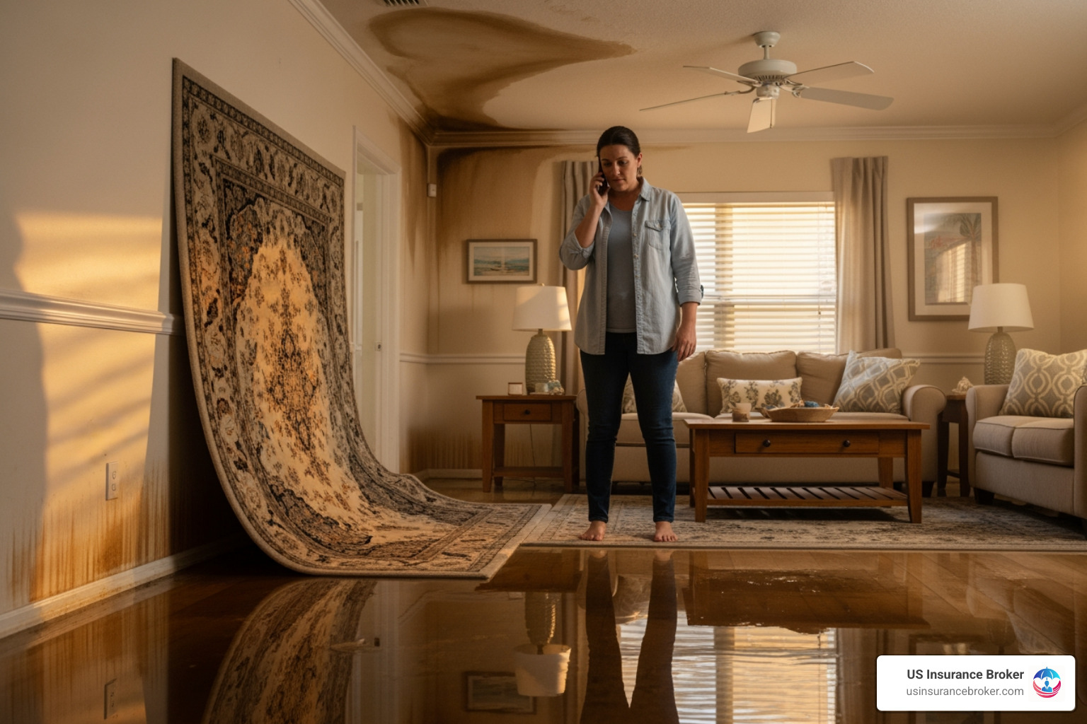 Homeowner on the phone, looking at water damage in their living room - flood insurance Florida Homeowner on the phone, looking at water damage in their living room - flood insurance Florida