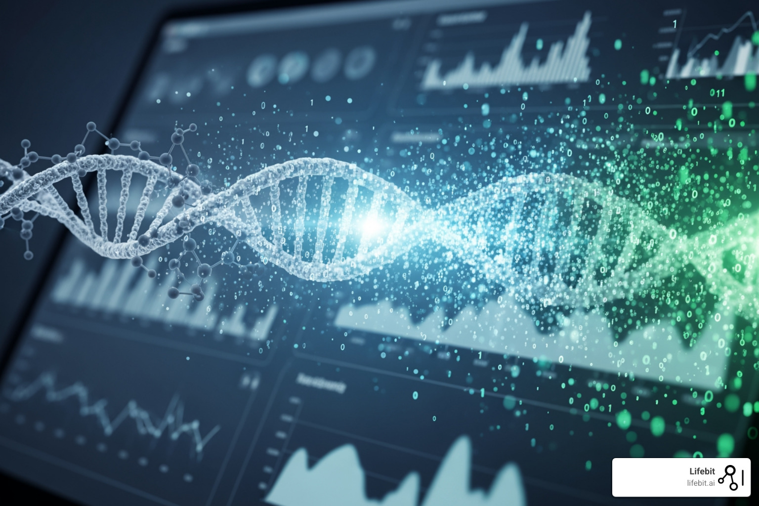 DNA helix transitioning into data points on a computer screen - trusted clinical environment