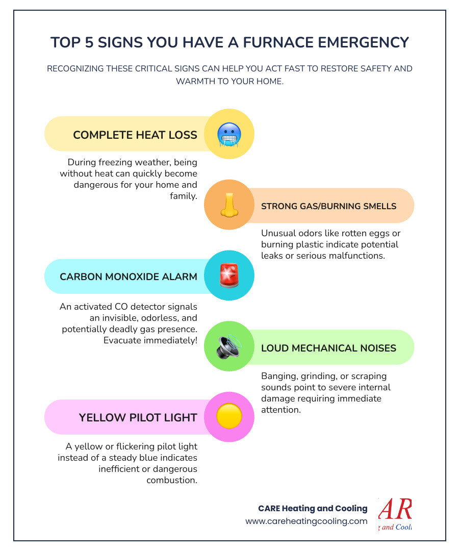 Infographic showing the top 5 signs you have a furnace emergency: 1. Complete loss of heat during freezing weather, 2. Strong gas or burning odors, 3. Carbon monoxide detector alarm sounding, 4. Loud banging, grinding, or scraping noises from furnace, 5. Yellow or flickering pilot light instead of steady blue flame - emergency furnace installation westerville infographic infographic-line-5-steps-colors Infographic showing the top 5 signs you have a furnace emergency: 1. Complete loss of heat during freezing weather, 2. Strong gas or burning odors, 3. Carbon monoxide detector alarm sounding, 4. Loud banging, grinding, or scraping noises from furnace, 5. Yellow or flickering pilot light instead of steady blue flame - emergency furnace installation westerville infographic infographic-line-5-steps-colors