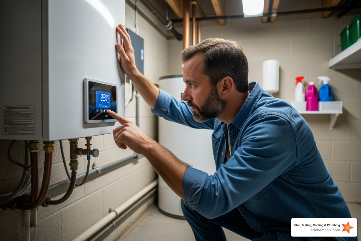 A homeowner looking at their water heater's control panel with a concerned expression, indicating issues like no hot water, fluctuating temperatures, or error codes - navien tankless water heater repair in arcadia in A homeowner looking at their water heater's control panel with a concerned expression, indicating issues like no hot water, fluctuating temperatures, or error codes - navien tankless water heater repair in arcadia in