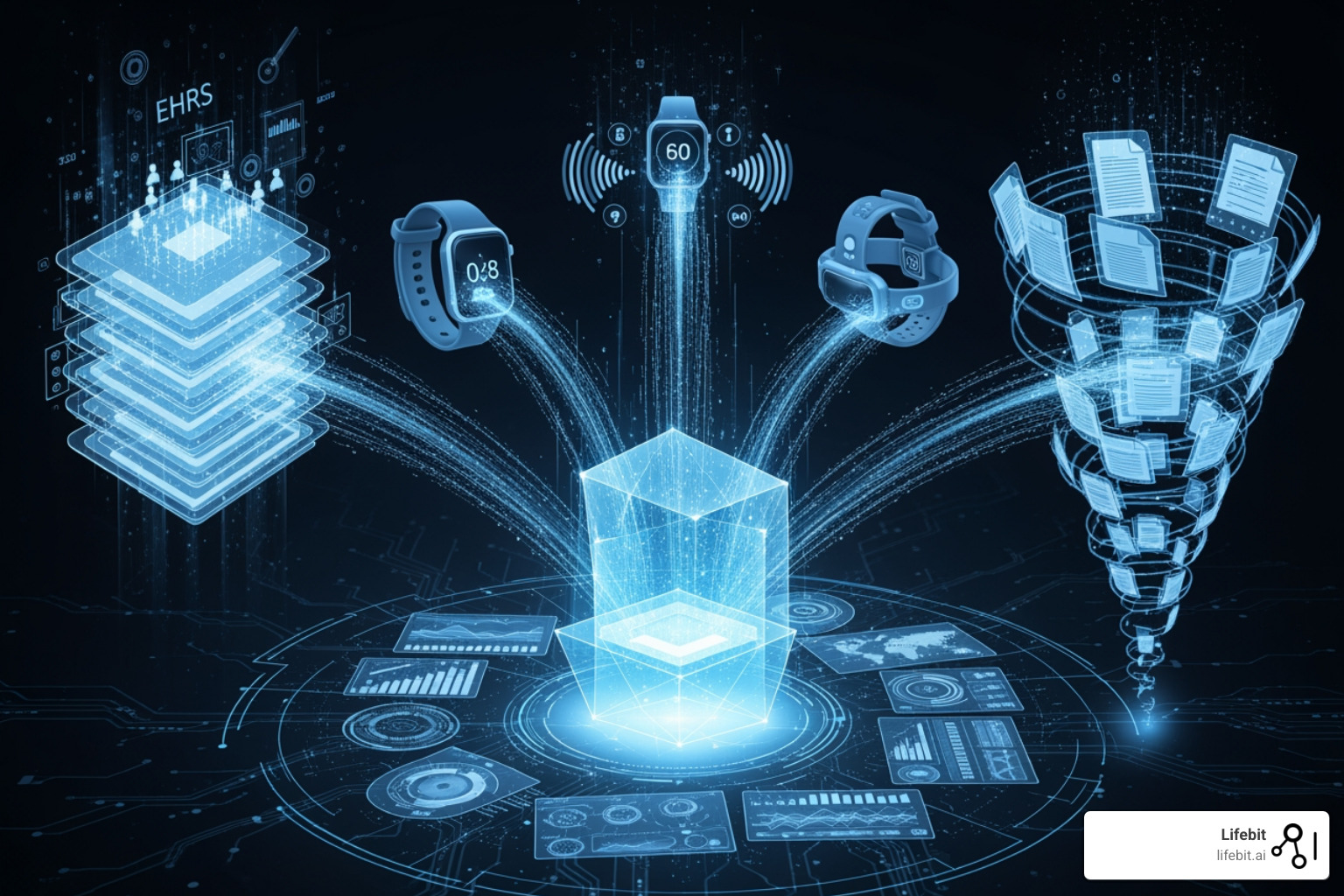 flow of RWD from sources like EHRs and wearables into an analytics platform - clinical research analytics