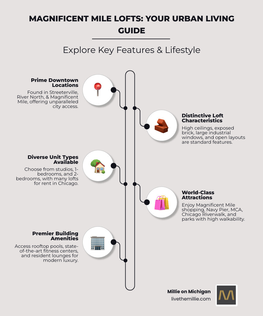 Infographic showing the key features of Magnificent Mile loft apartments: location map highlighting Streeterville and River North, typical loft characteristics including exposed brick and high ceilings, available unit types from studio to 2-bedroom, nearby attractions within walking distance, and common building amenities like fitness centers and rooftop decks - loft apartments magnificent mile chicago infographic infographic-line-5-steps-elegant_beige Infographic showing the key features of Magnificent Mile loft apartments: location map highlighting Streeterville and River North, typical loft characteristics including exposed brick and high ceilings, available unit types from studio to 2-bedroom, nearby attractions within walking distance, and common building amenities like fitness centers and rooftop decks - loft apartments magnificent mile chicago infographic infographic-line-5-steps-elegant_beige
