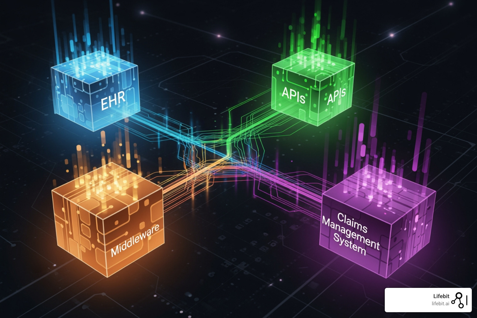 Technical architecture connecting EHRs, APIs, middleware, and claims management systems - EHR claims integration