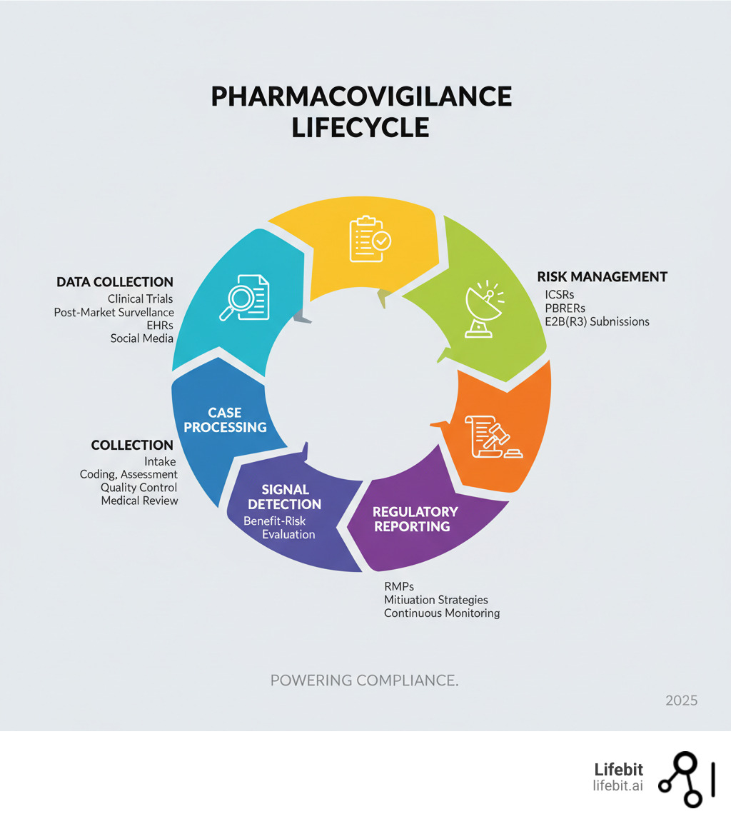 Infographic showing the pharmacovigilance lifecycle: Data Collection (clinical trials, post-market surveillance, EHRs, social media) → Case Processing (intake, coding, quality control, medical review) → Signal Detection (analytics, risk assessment, benefit-risk evaluation) → Regulatory Reporting (ICSRs, PSURs, PBRERs, E2B(R3) submissions) → Risk Management (RMPs, mitigation strategies, continuous monitoring) - Pharmacovigilance compliance solution infographic Infographic showing the pharmacovigilance lifecycle: Data Collection (clinical trials, post-market surveillance, EHRs, social media) → Case Processing (intake, coding, quality control, medical review) → Signal Detection (analytics, risk assessment, benefit-risk evaluation) → Regulatory Reporting (ICSRs, PSURs, PBRERs, E2B(R3) submissions) → Risk Management (RMPs, mitigation strategies, continuous monitoring) - Pharmacovigilance compliance solution infographic