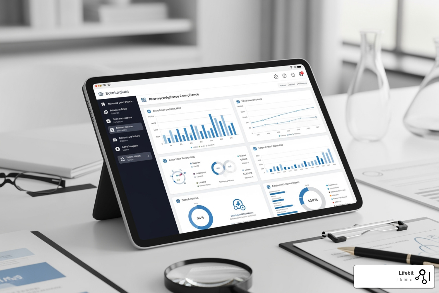 Futuristic dashboard integrating genomic, RWE, and clinical trial data for safety analysis - Pharmacovigilance compliance solution Futuristic dashboard integrating genomic, RWE, and clinical trial data for safety analysis - Pharmacovigilance compliance solution