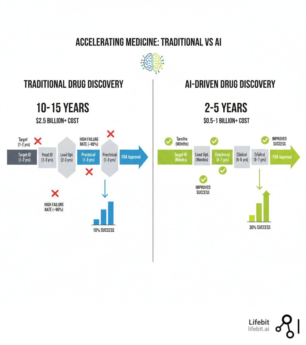Infographic comparing traditional drug discovery timeline of 10-15 years and $2.5 billion cost with multiple failure points versus AI-driven drug discovery showing accelerated timelines in target identification, lead optimization, and preclinical phases, with improved success rates at each stage - ai-driven drug discovery infographic 