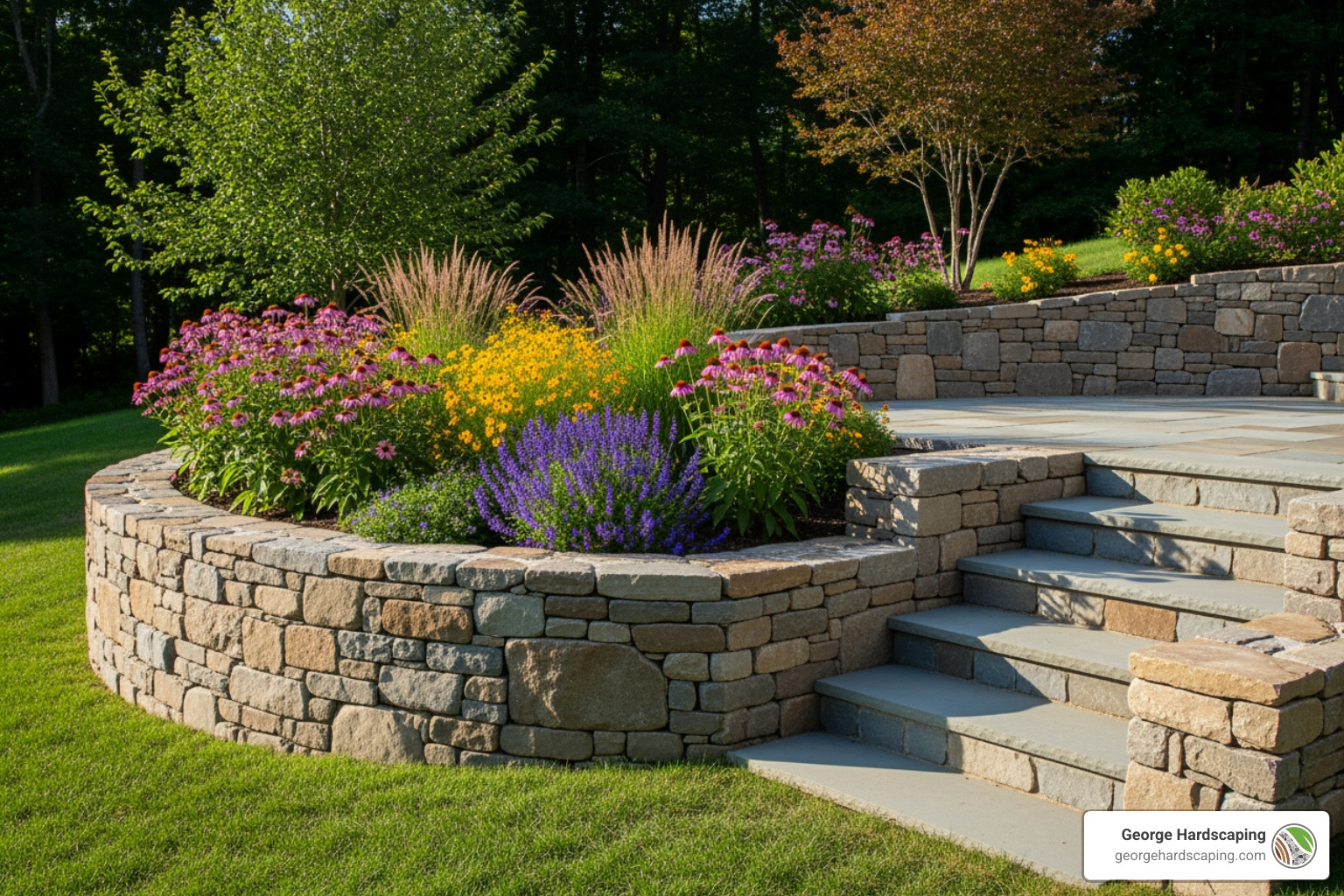 A custom-built natural stone retaining wall gracefully curves along a sloped property in Georgetown, MA, creating a level planting bed filled with vibrant perennials. The wall also features integrated stone steps leading to an upper terrace, blending functionality with aesthetic appeal. - Hardscaping Georgetown MA