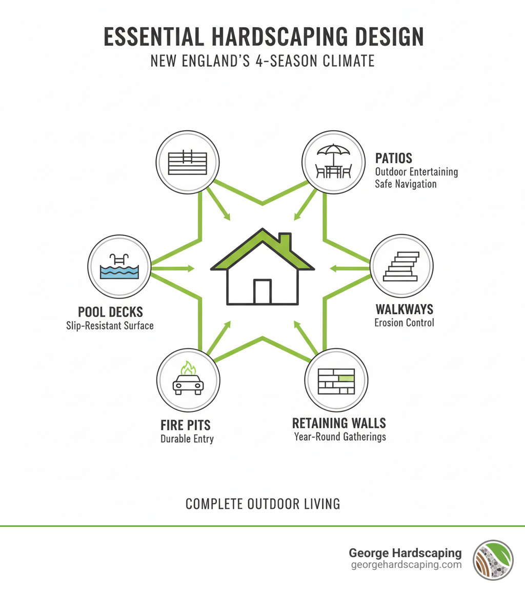 Infographic showing the essential elements of professional hardscaping design: A central home icon surrounded by six connected elements - Patios (outdoor entertaining space), Walkways (safe property navigation), Retaining Walls (erosion control and terracing), Fire Pits (year-round gathering areas), Driveways (durable entry solutions), and Pool Decks (slip-resistant surfaces). Each element includes a brief benefit statement and connects to the center showing how they work together to create a complete outdoor living system that withstands New England's four-season climate. - Hardscaping Georgetown MA infographic 