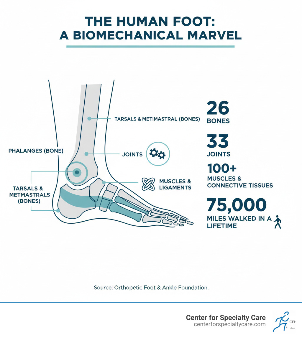 Infographic showing the anatomy of the human foot with labeled bones, joints, muscles, and key statistics including 26 bones, 33 joints, over 100 muscles and connective tissues, and the fact that the average person walks approximately 75,000 miles in your lifetime - foot health tips infographic 