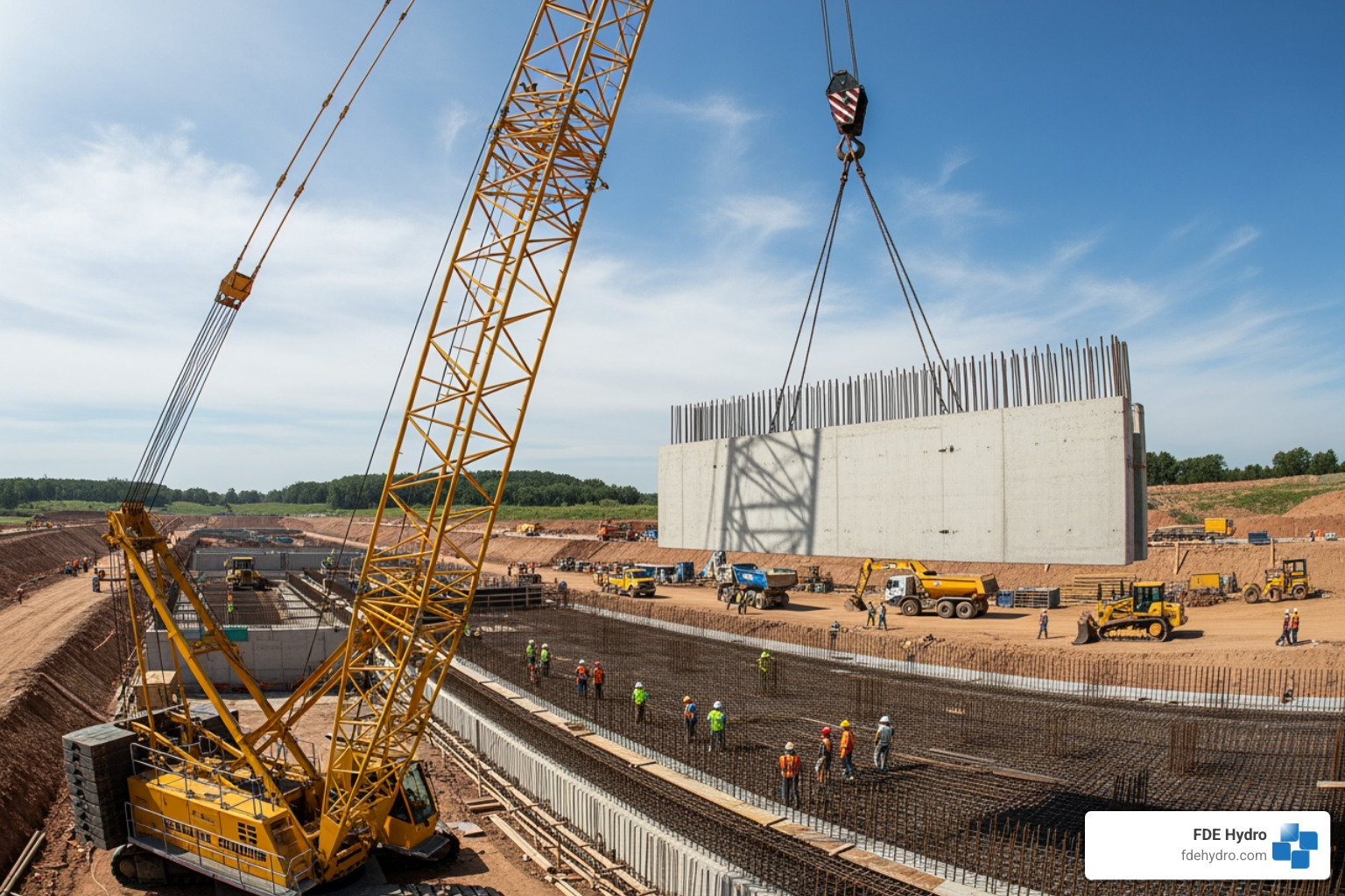 crane lifting modular dam component - modular dam construction