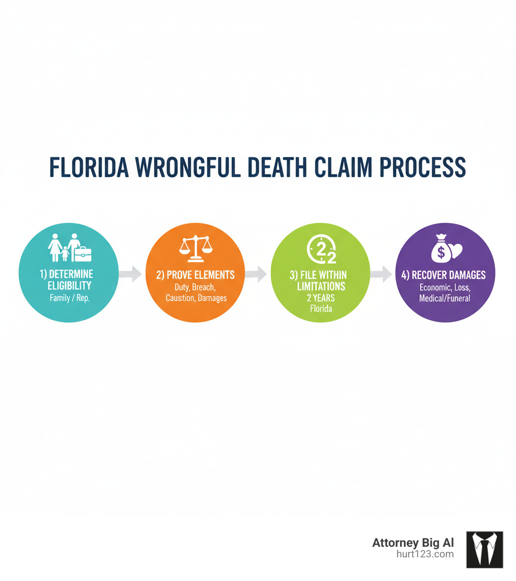 Infographic showing the wrongful death claim process: 1) Determine eligibility - surviving family members or personal representative can file, 2) Prove four elements - duty of care, breach of duty, causation, and damages, 3) File within statute of limitations - two years in Florida, 4) Recover damages - economic losses, loss of companionship, medical/funeral costs - Wrongful death lawsuit attorney infographic 