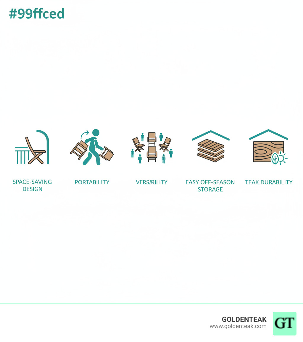 Infographic showing the core benefits of foldable teak outdoor chairs: Space-Saving Design with icon of chair folding flat for small patios and balconies; Portability with icon of person carrying chair for easy rearrangement; Versatility with icon of multiple chairs for hosting guests and events; Easy Off-Season Storage with icon of stacked folded chairs protecting your investment; and Teak Durability with icon of weather-resistant wood grain lasting decades outdoors - foldable chairs outdoor infographic 