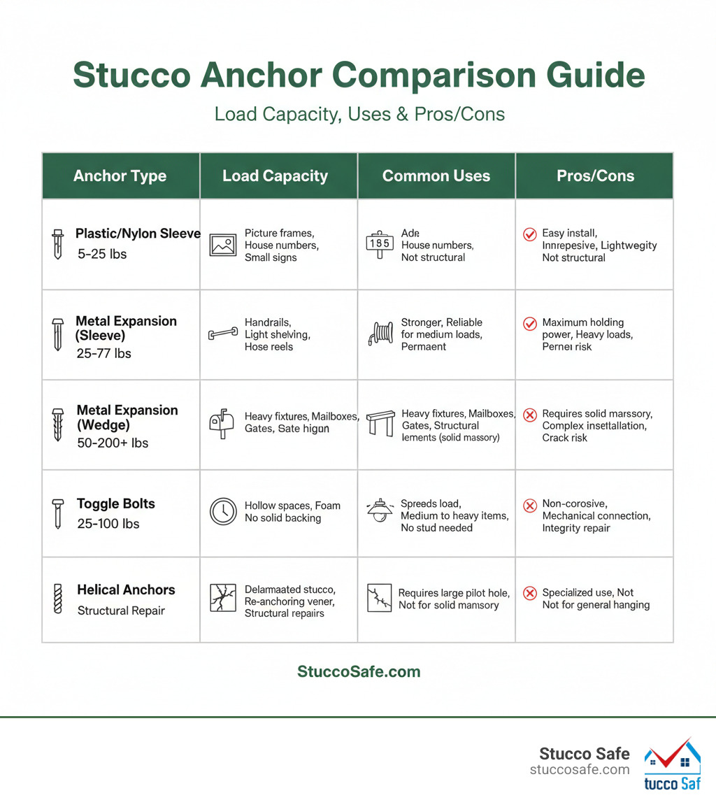 Table comparing anchor types by load capacity, uses, and pros/cons for stucco applications - stucco anchor bolts infographic Table comparing anchor types by load capacity, uses, and pros/cons for stucco applications - stucco anchor bolts infographic