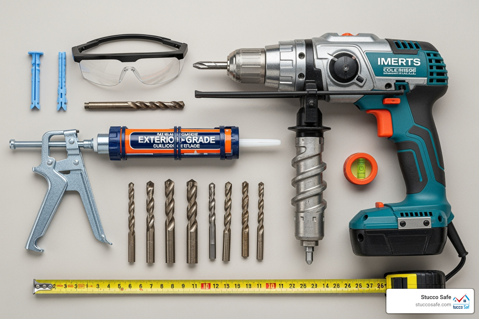 Essential tools for installing stucco anchors, including a hammer drill, drill bits, caulk gun, and safety glasses - stucco anchor bolts Essential tools for installing stucco anchors, including a hammer drill, drill bits, caulk gun, and safety glasses - stucco anchor bolts