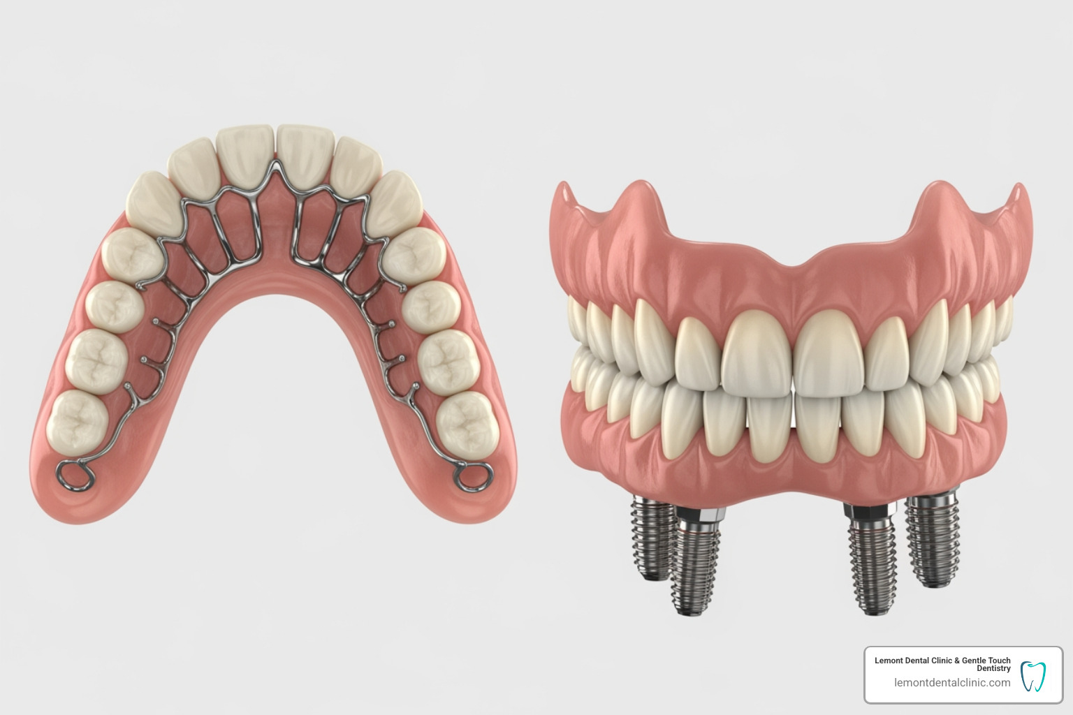 A side-by-side comparison image showing a removable overdenture with visible attachments and a fixed hybrid denture securely attached to implants - types of denture implants A side-by-side comparison image showing a removable overdenture with visible attachments and a fixed hybrid denture securely attached to implants - types of denture implants