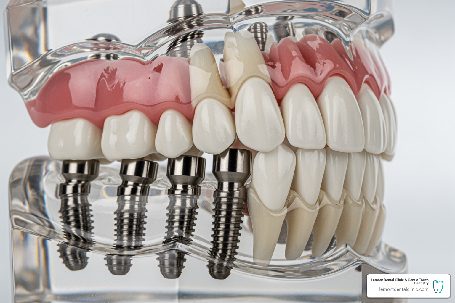 A detailed image of an All-on-4 fixed bridge on a dental model, showing the four implant posts and the prosthetic arch securely attached - types of denture implants A detailed image of an All-on-4 fixed bridge on a dental model, showing the four implant posts and the prosthetic arch securely attached - types of denture implants