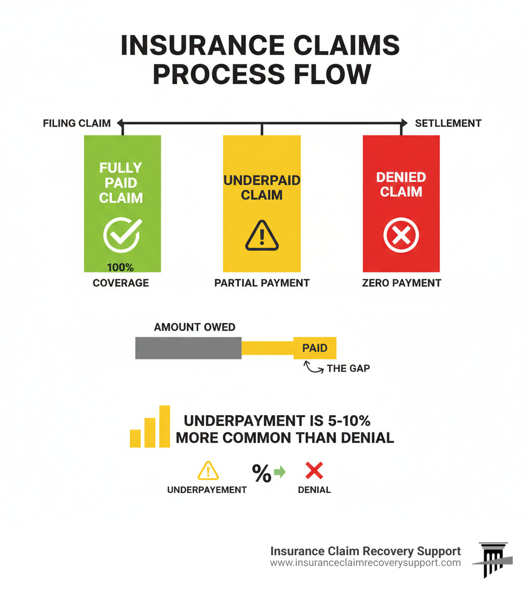 infographic showing the claims process flow from filing to settlement, with three outcomes clearly labeled: fully paid claim showing 100% coverage with a green checkmark, underpaid claim showing partial payment with a yellow warning symbol and the gap between what was paid versus what was owed, and denied claim showing zero payment with a red X, along with statistics showing underpayment is 5-10% more common than denial - insurance claim underpaid infographic 