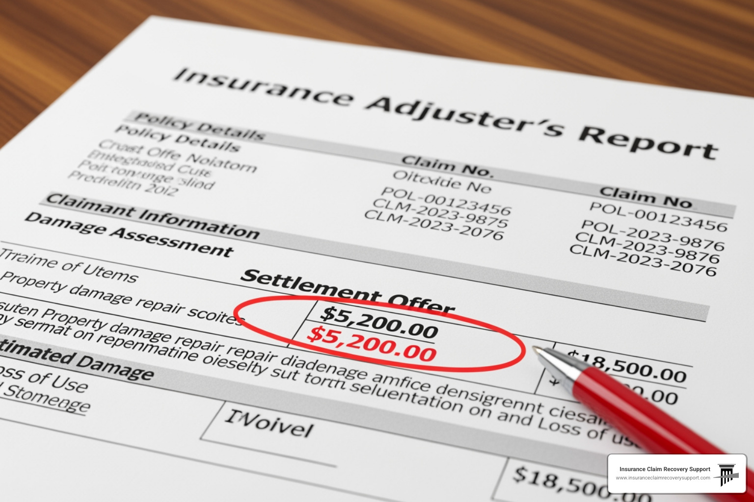 an insurance adjuster's report with a low settlement offer highlighted - insurance claim underpaid