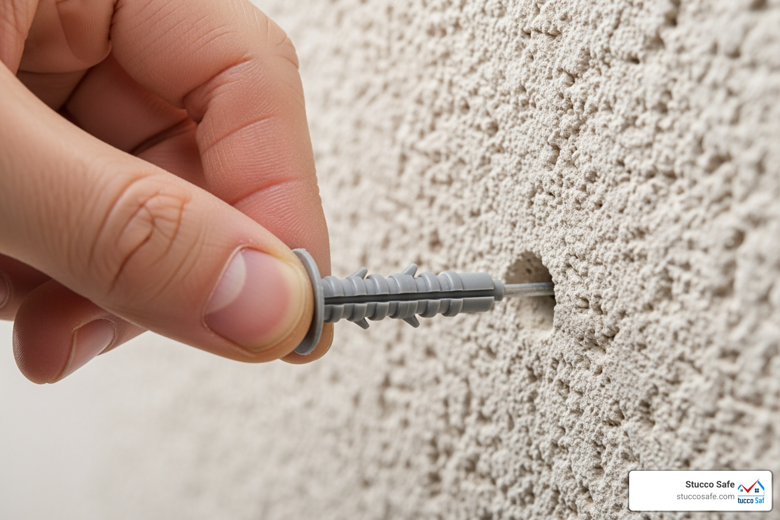 A plastic sleeve anchor being inserted into a stucco wall - stucco anchor bolts A plastic sleeve anchor being inserted into a stucco wall - stucco anchor bolts