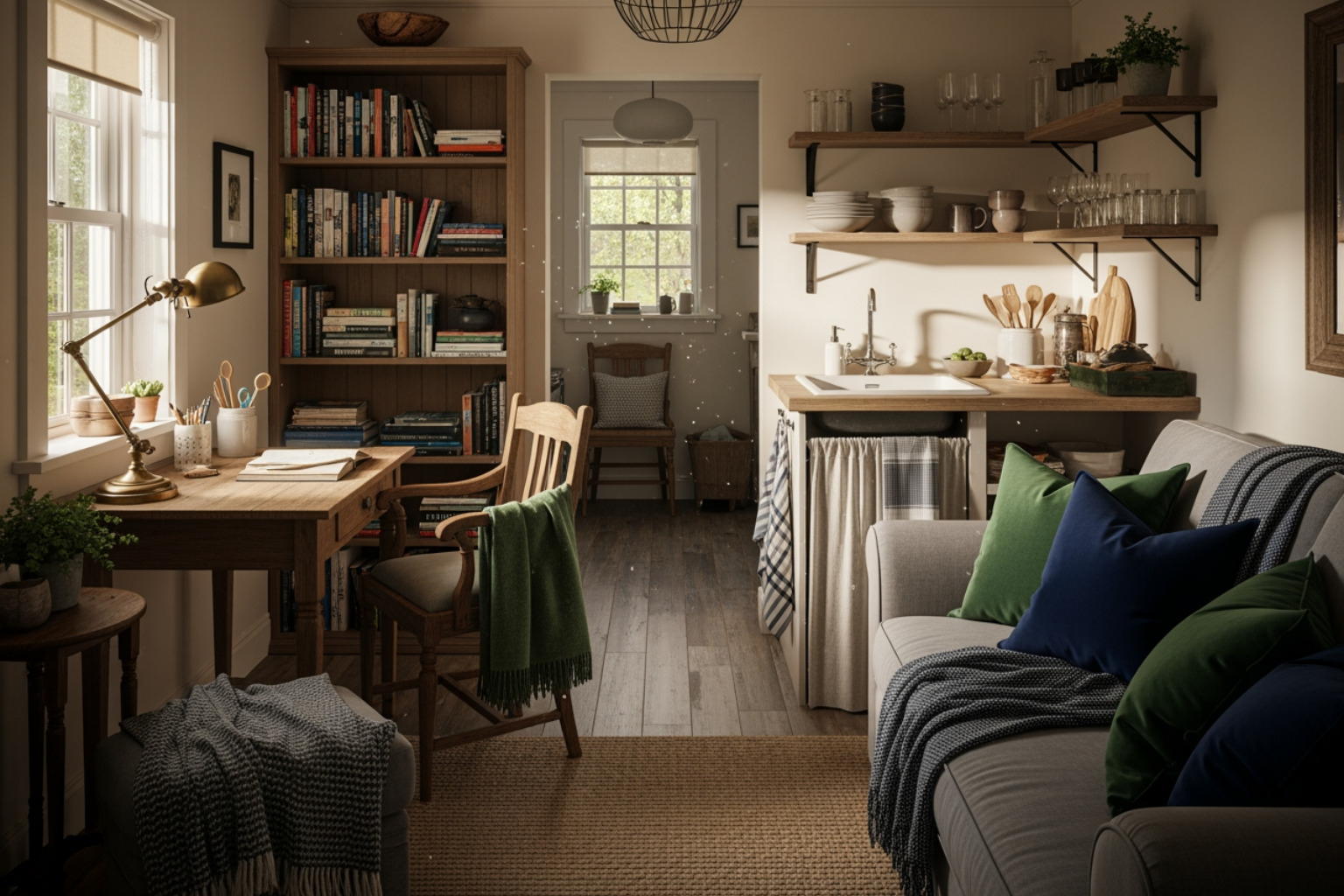 An academic working comfortably at a desk inside a cozy guest house, with a window looking out onto a peaceful garden. The room is well-lit and features bookshelves and tasteful art, reflecting a serene and inspiring workspace. Brand colors #0B669A and #7DBE43 are subtly incorporated into decor. - guest house for rent near me