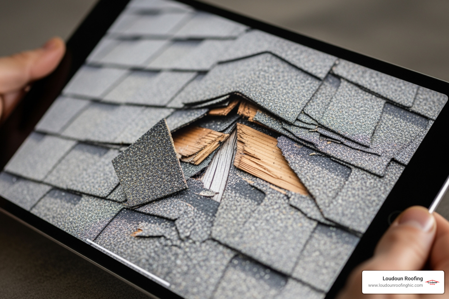 tablet screen showing high-resolution drone photo of damaged shingle - affordable roof inspections
