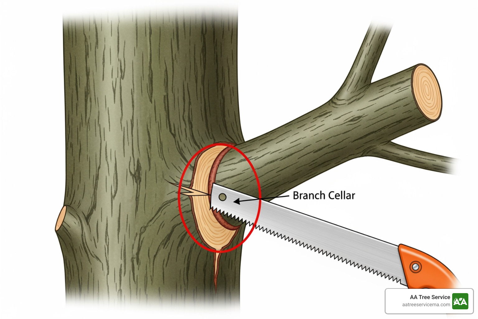 Illustration of a correct pruning cut just outside the branch collar - pruning japanese maple in winter