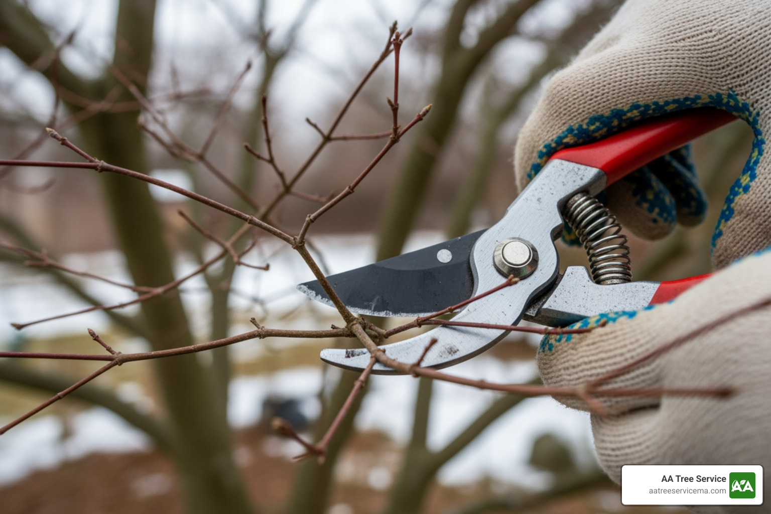 Person carefully making a pruning cut on a Japanese maple - pruning japanese maple in winter