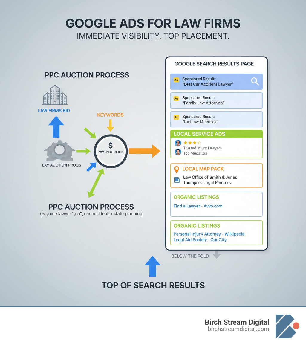 infographic showing how PPC places law firm ads at the top of Google search results above organic listings, with arrows indicating the auction process where firms bid on keywords and pay per click, and a simple diagram of a search results page highlighting sponsored ad positions, local service ads, and the local map pack - Law firm PPC infographic 