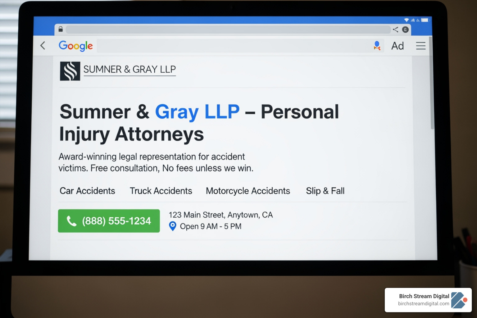 Effective Google Ad for a lawyer highlighting ad extensions like call buttons, sitelinks, and location information - Law firm PPC