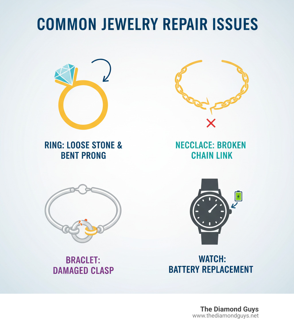 Infographic showing common jewelry repair issues: a ring with a bent prong and loose diamond, a gold necklace with a broken link in the chain, a bracelet with a damaged spring clasp, and a watch needing battery replacement, with labels indicating each repair type - Jewelry repair Scottsdale AZ infographic 