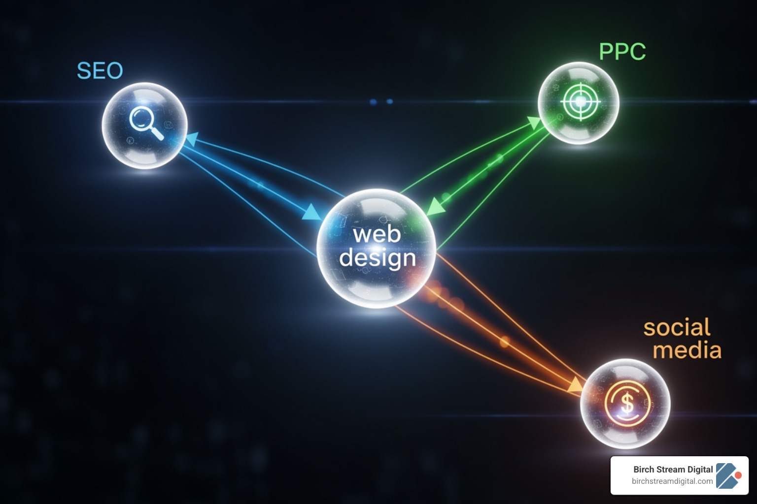 Diagram showing how web design connects to SEO, PPC, and social media - website design winston salem
