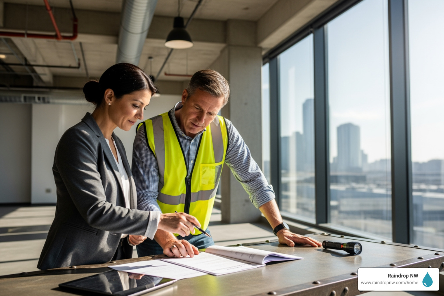 A real estate investor and an inspector reviewing an inspection report together on site, symbolizing informed decision-making - best commercial estimates and inspections company in first addition or