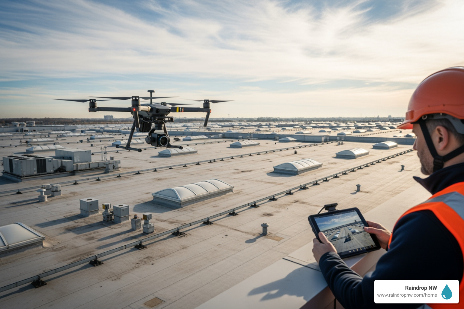 An inspector using a drone to capture aerial views of a large commercial roof, highlighting advanced technology in inspections - best commercial estimates and inspections company in first addition or