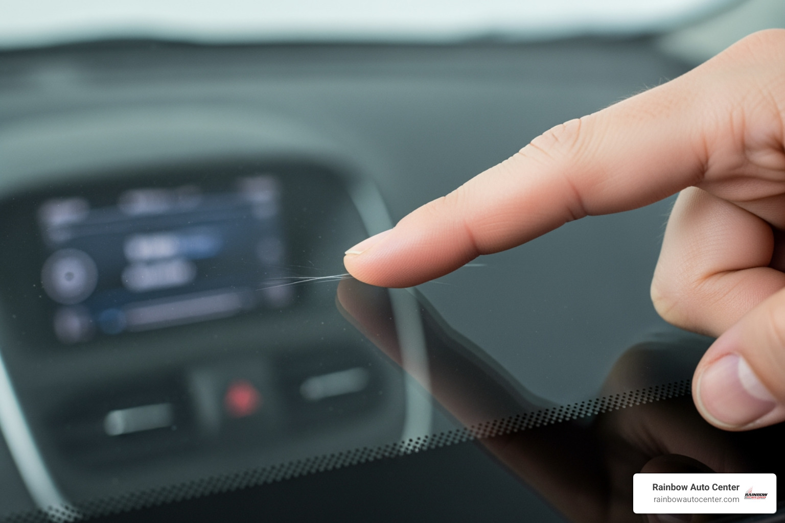 finger running over a windscreen scratch to perform the fingernail test - windscreen scratch removal