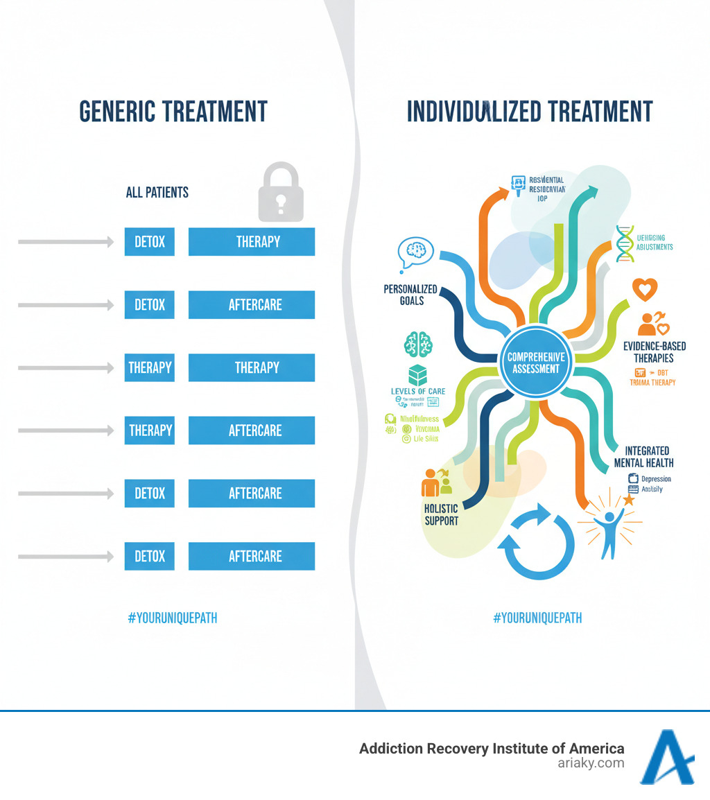 infographic comparing generic treatment programs showing identical paths for all patients versus individualized treatment showing multiple customized paths with assessment leading to personalized goals therapy levels of care and holistic support tailored to each person - individualized addiction treatment infographic 