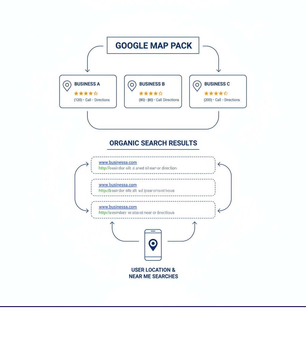 infographic showing the local search ecosystem with three main components: Google Map Pack at the top showing three business listings with star ratings and contact info, organic search results below, and a mobile phone icon representing user location and near me searches, with arrows connecting all three elements - local search engine optimization service infographic 