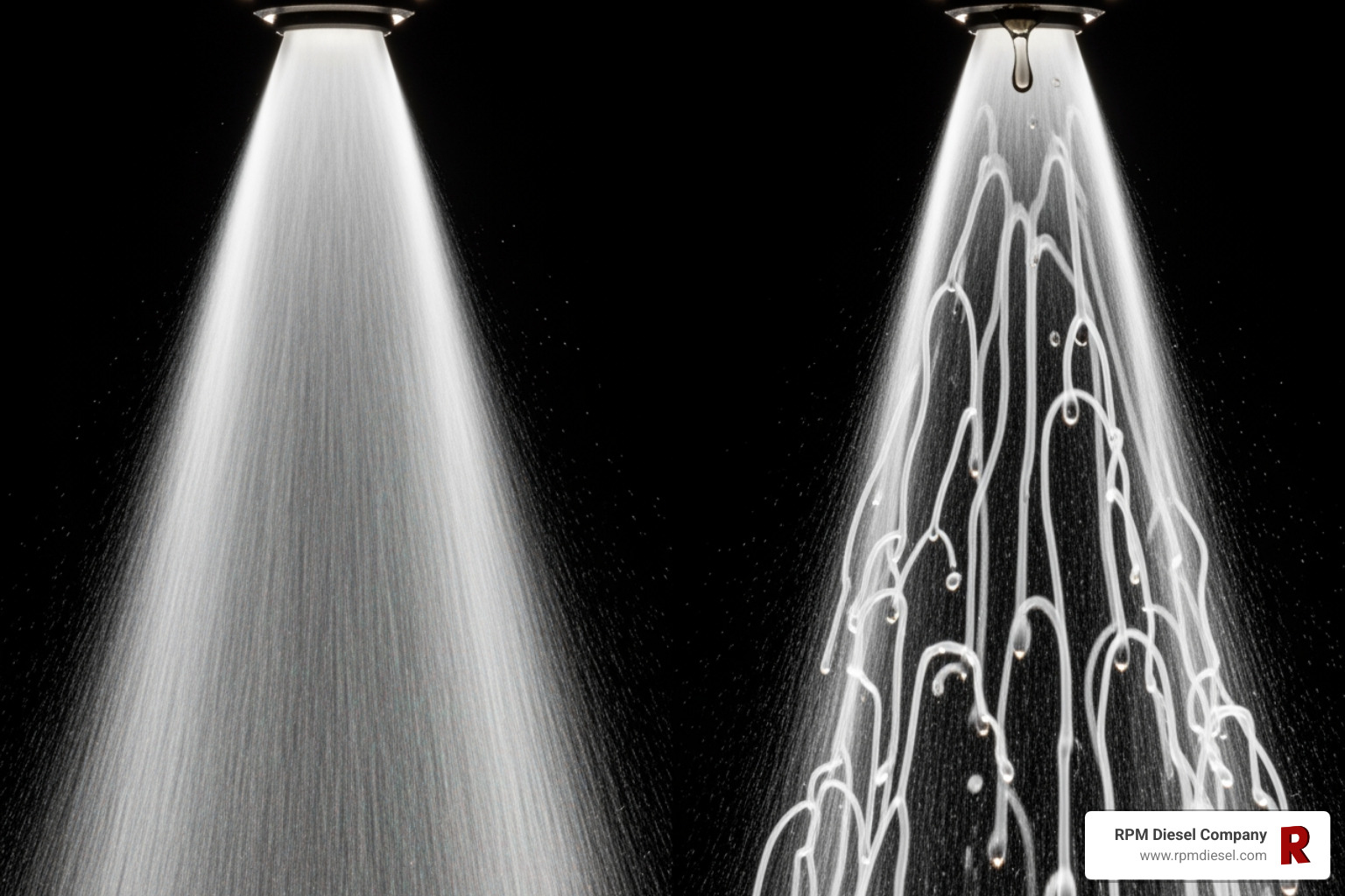 comparing a clean, fine injector spray pattern to a poor, dripping one - Diesel Fuel Injection Service comparing a clean, fine injector spray pattern to a poor, dripping one - Diesel Fuel Injection Service
